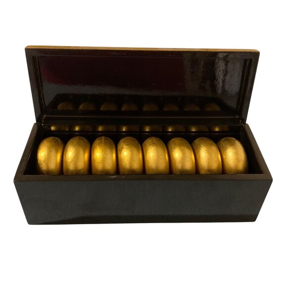 Gold Leaf And Black Napkin Rings With Case Set of 8 - Picture 1 of 9